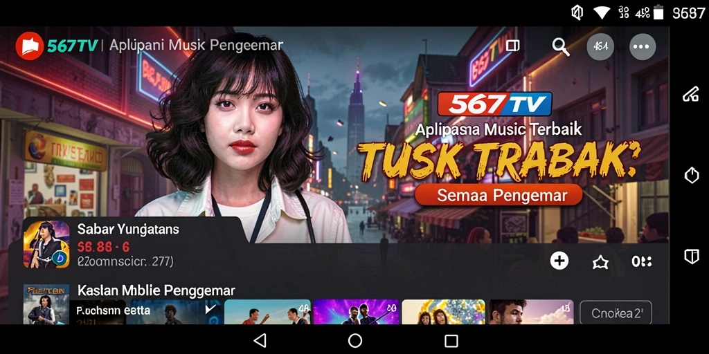 Tampilan antarmuka pengguna aplikasi 567TV yang menarik dengan pilihan musik beragam.