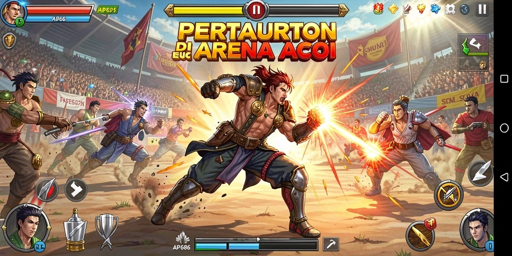 Screenshot utama AP686 menampilkan aksi seru karakter dalam pertarungan.