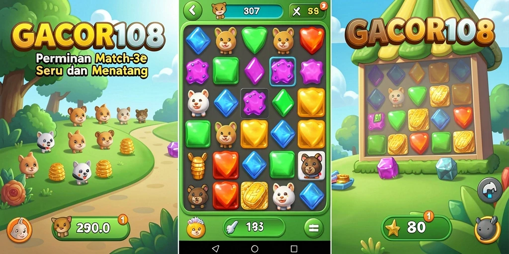 Tampilan screenshot GACOR108 dengan gameplay Match-3 yang mengasyikkan.
