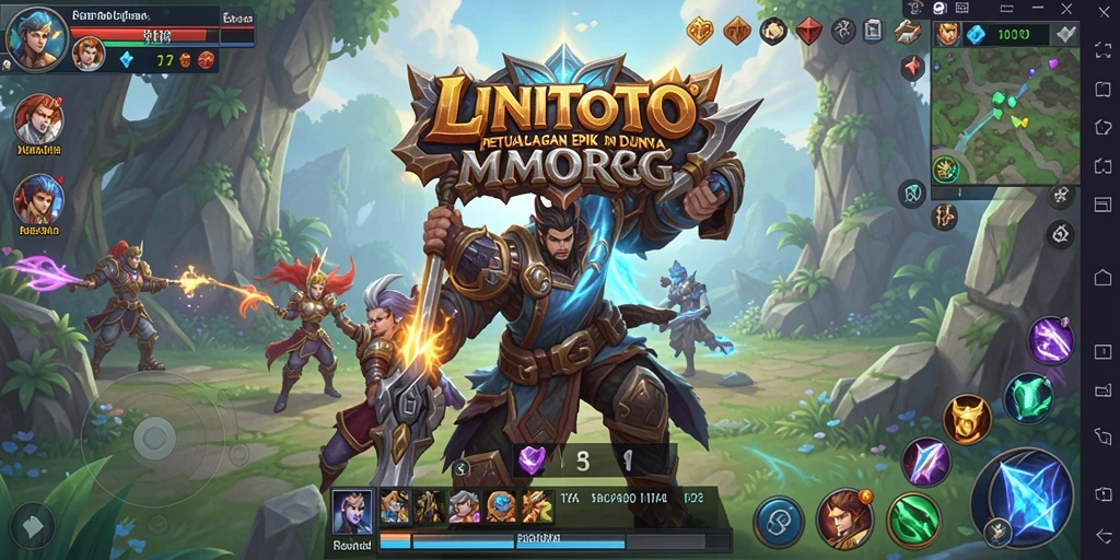 Screenshot LINITOTO menampilkan pertarungan epik di dunia MMORPG.