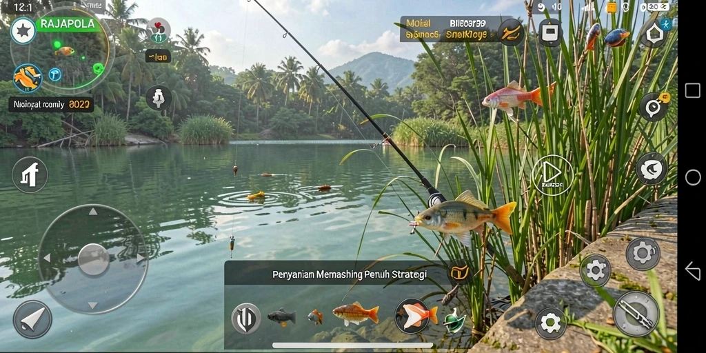 Tampilan gameplay <strong>RAJAPOLA</strong> saat memancing ikan besar dan langka.