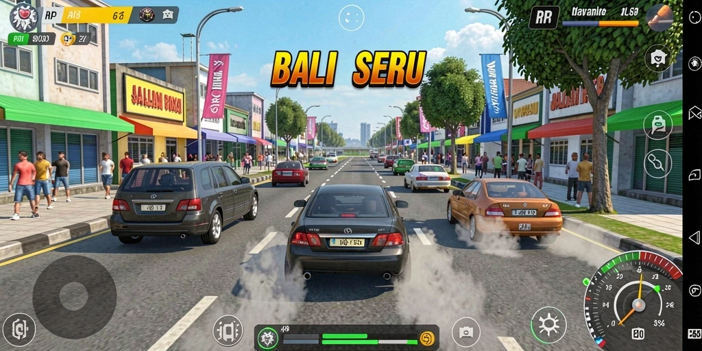 Tampilan gameplay seru di RP8 dengan mobil balap kustom.