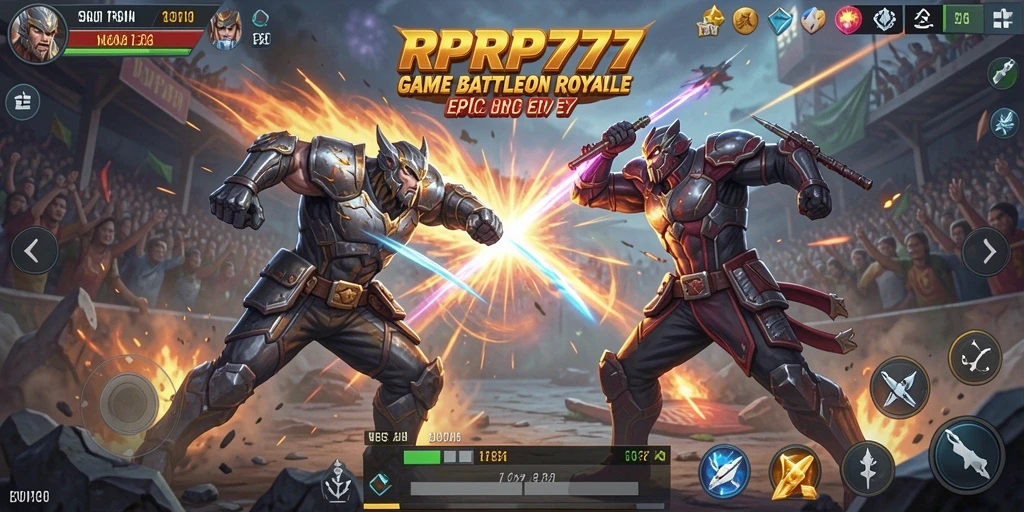 Screenshot gameplay RPRP777 menampilkan aksi pertarungan intens di arena Battle Royale.